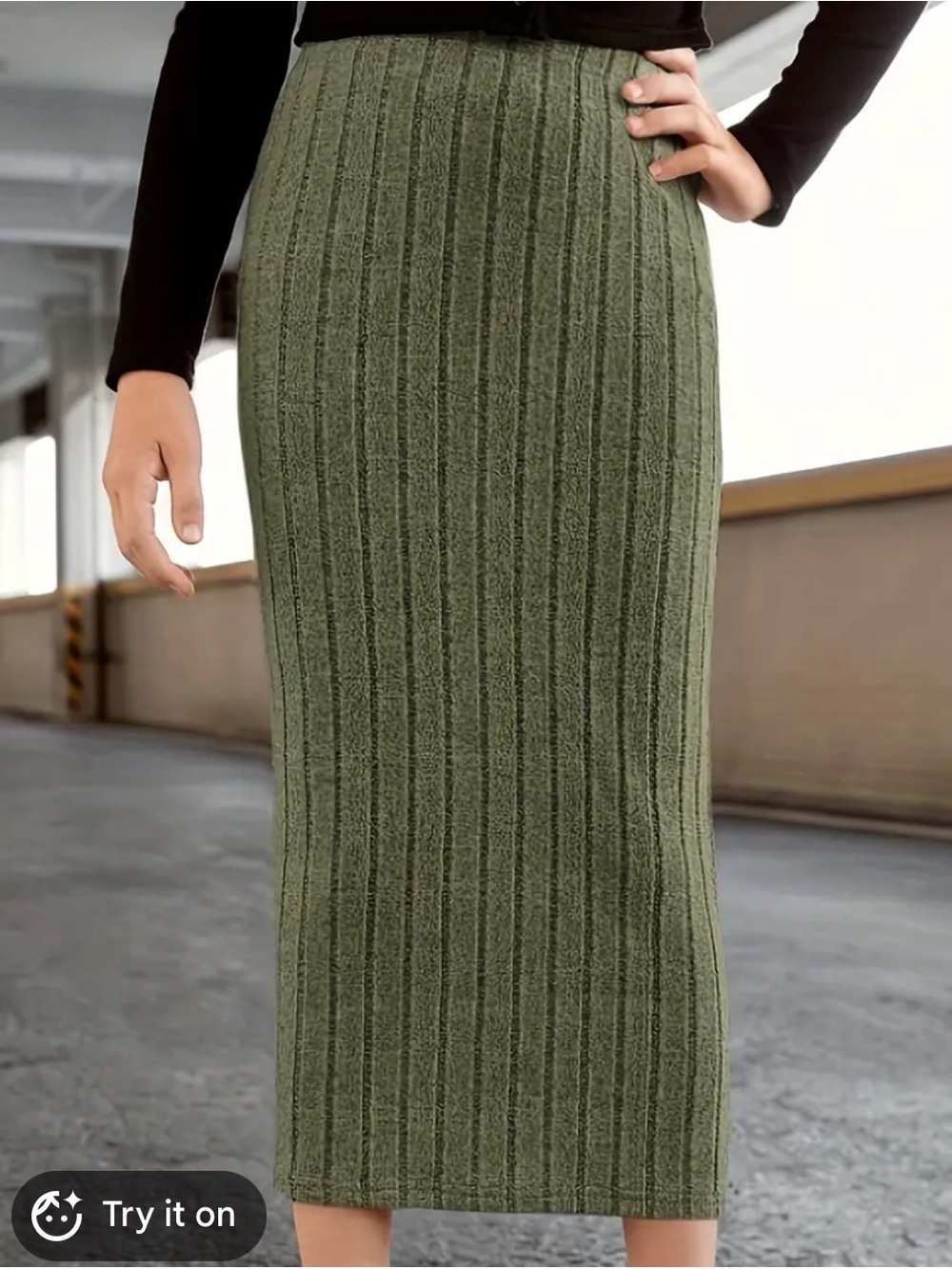 SHEIN Fitted Ribbed Olive Green Maxi Skirt Size Medium